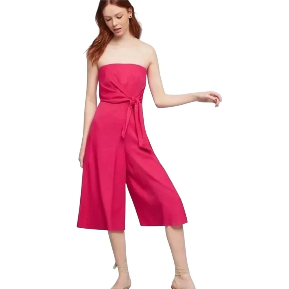 Anthropologie Galatea Strapless Tie Front Wide Leg Jumpsuit Fuchsia Pink Culotte - Picture 2 of 16